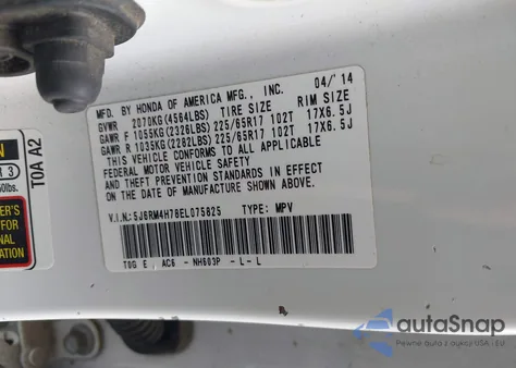 2014 Honda Cr-V Ex-L z USA, uszkodzony, nr VIN 5J6RM4H78EL075825